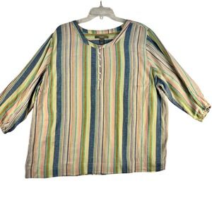 Naturals & Co Striped Linen Blend Tunic Top Women XL 3/4 Sleeve Button Neck